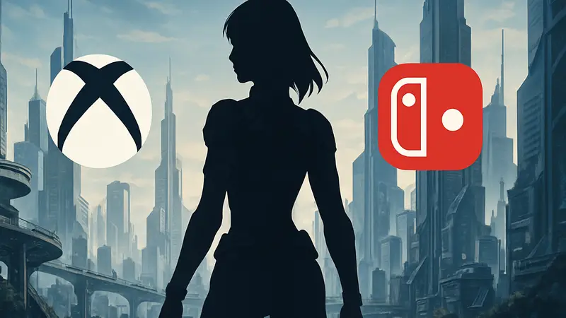 Главная героиня Stellar Blade Ева, окруженная символами Xbox и Nintendo Switch, на фоне футуристического города.