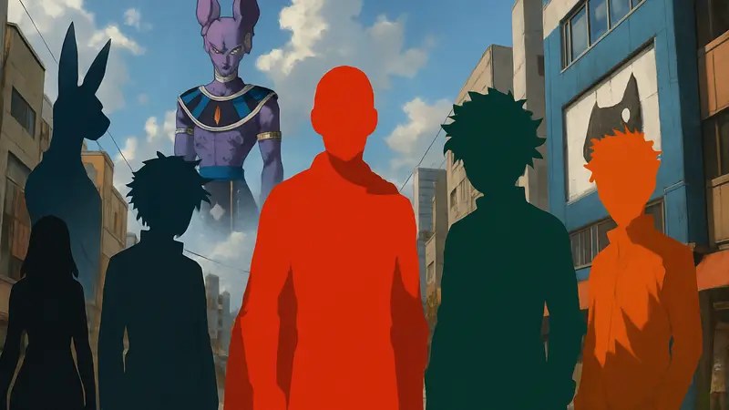 Изображение различных аниме-персонажей из списка, включая Сайтаму, Изуку Мидорию и Юдзи Итадори.