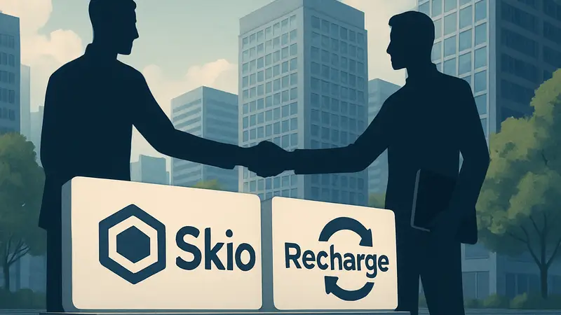 Логотипы Skio и Recharge, символизирующие поглощение финтех-стартапа Skio.