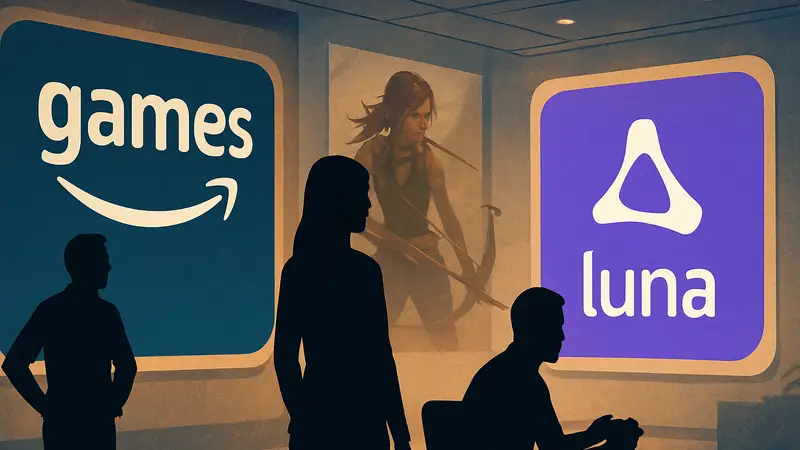 Логотипы Amazon Games, Prime Video и Luna, символизирующие стратегию компании в игровой индустрии и цифровых сервисах.