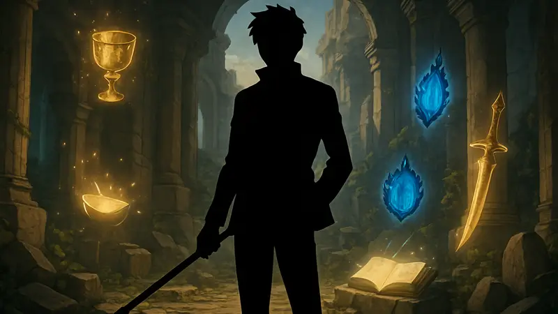 Ключевой постер аниме Tomb Raider King, показывающий главного героя и артефакты.