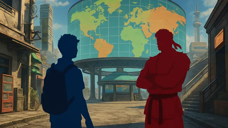 Игровой персонаж Street Fighter 6 встречается с мастером в режиме World Tour, карта мира