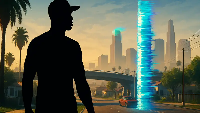 Главный герой GTA San Andreas на фоне игрового мира, изображение необычного глитча или момента спидрана.