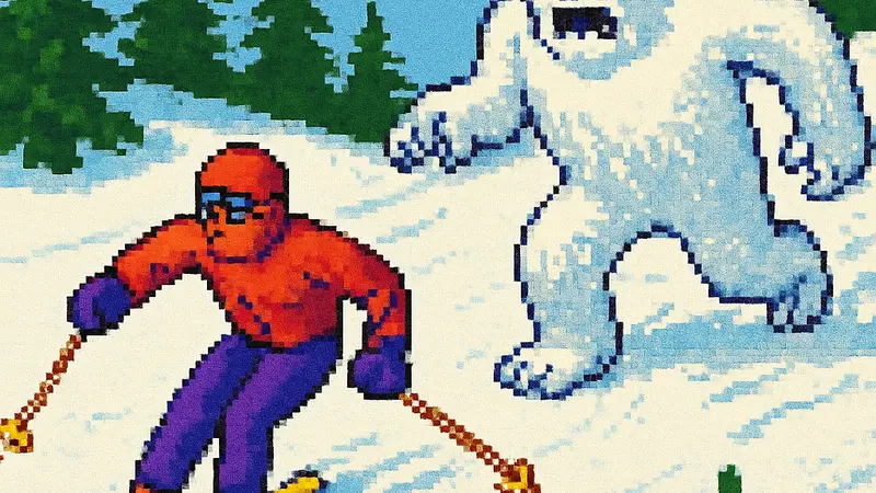 Скриншот игры SkiFree, где лыжник пытается уклониться от преследующего его Йети в заснеженном ландшафте.