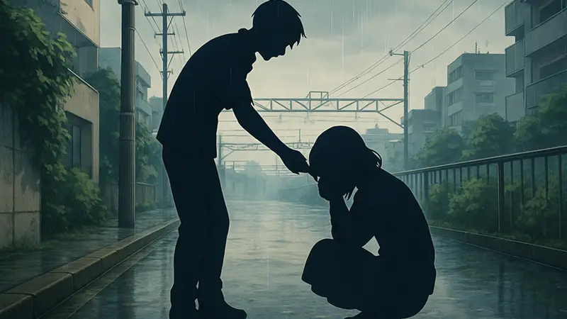 Кадр из эмоционального аниме-фильма, персонажи в грустной ситуации