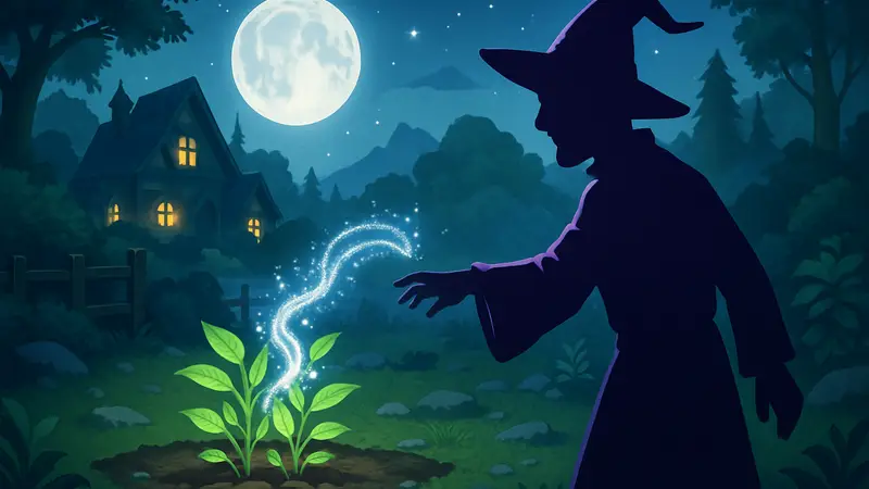 Волшебник использует заклинание для выращивания растений в игре Moonlight Peaks.