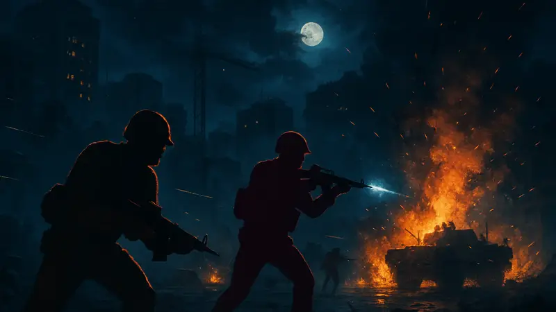 Ночная карта в игре Battlefield 6 с перестрелками и спецэффектами.