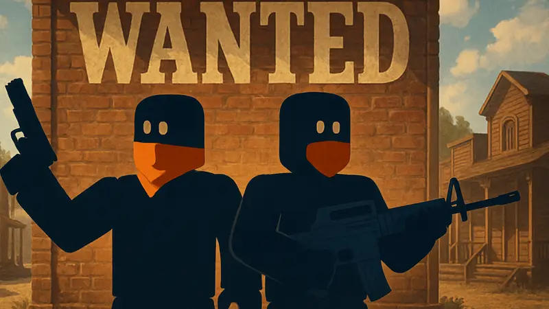 Игровые персонажи Roblox в масках, держащие оружие на фоне надписи Wanted