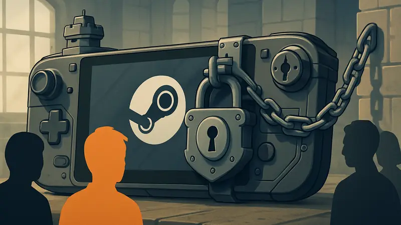 Steam Deck с футуристическими элементами защиты или замками, символизирующими неприступность.
