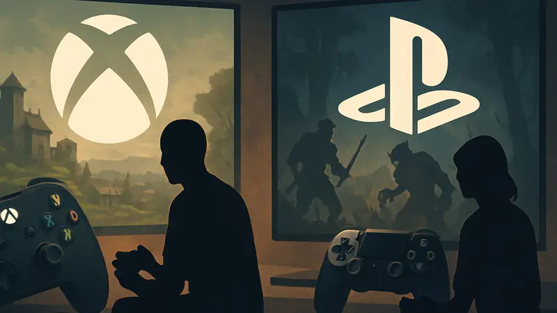Логотипы Xbox и PlayStation на фоне игровых контроллеров и экранов с играми