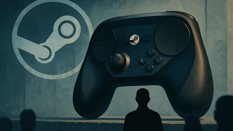 Игровой контроллер Steam Controller на фоне логотипа Valve.