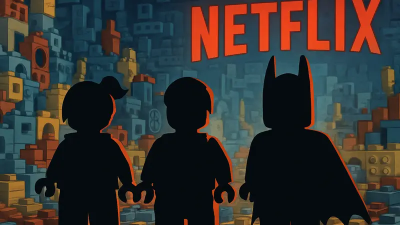 Эммет, Дикарка и Бэтмен из «Лего. Фильма» на фоне конструктора и логотипа Netflix