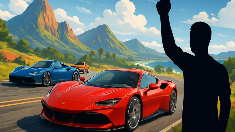 Быстрые автомобили на фоне яркого ландшафта, символизирующие гонки в Forza Horizon 6.