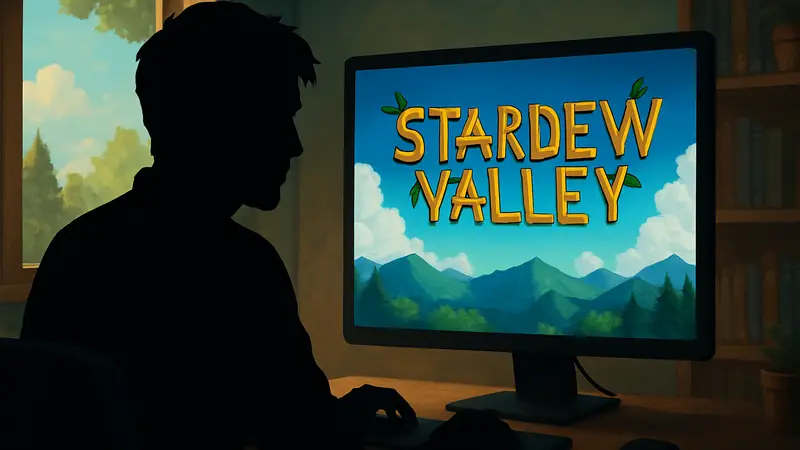 ConcernedApe за компьютером, на фоне логотип Stardew Valley.