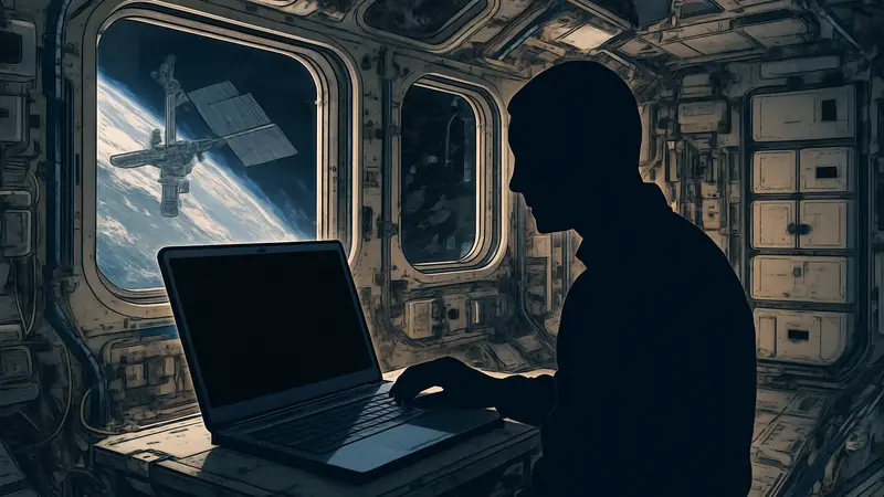 Мощный ноутбук на фоне интерьера Международной космической станции.