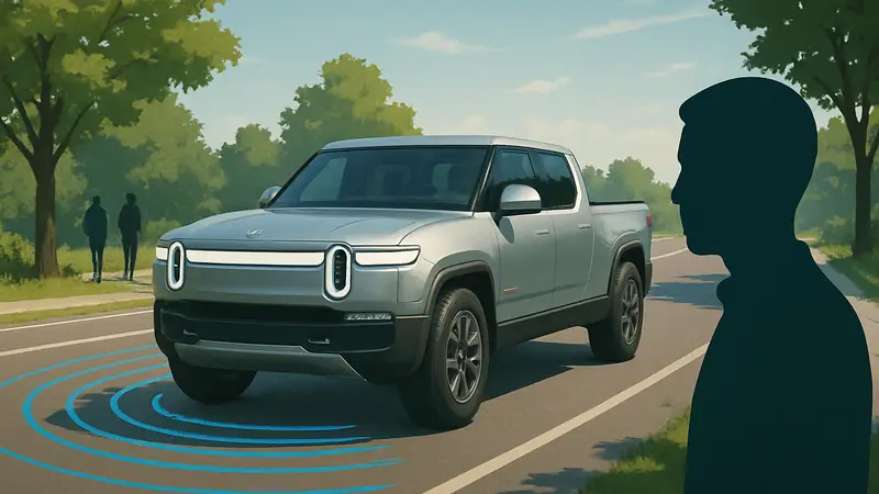 Электромобиль Rivian R1T на дороге, демонстрирующий технологии автономного вождения, солнечный день.