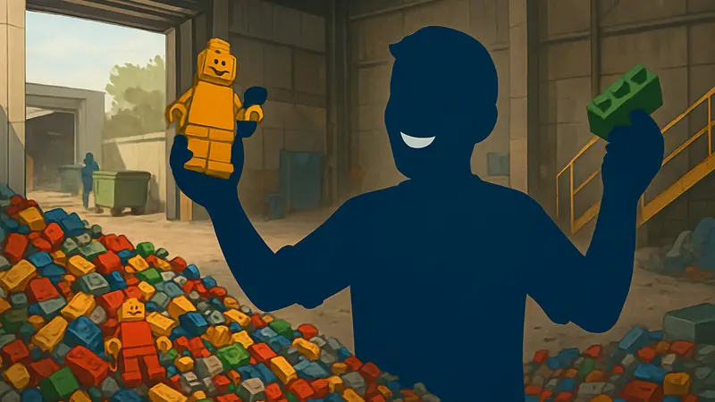 Фанат LEGO радостно демонстрирует свои находки, собранные в центре переработки