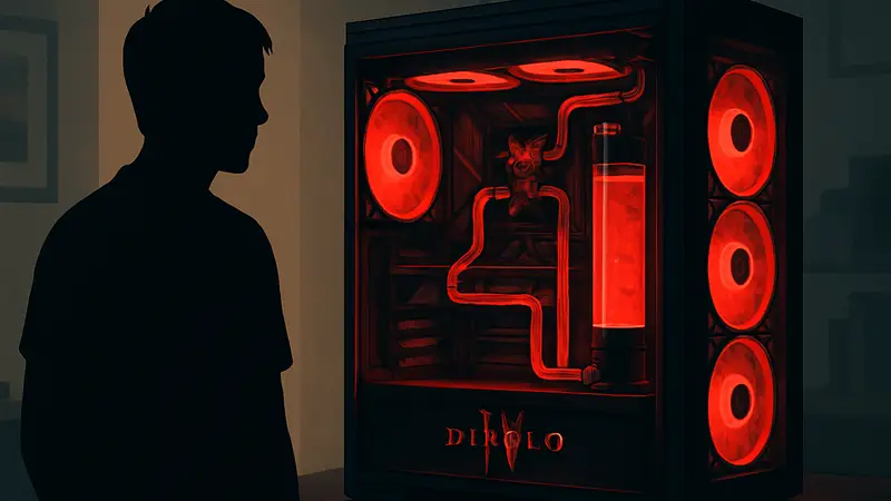 ПК, охлаждаемый человеческой кровью Diablo 4, системный блок с красной подсветкой