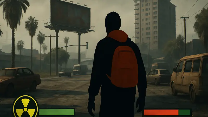 Скриншот из GTA 5, показывающий интерфейс хардкорного мода на выживание с индикаторами радиации и состояния здоровья.
