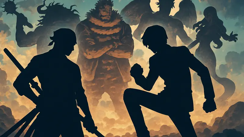 Изображение персонажей One Piece, Зоро и Санджи, в боевых позах, на фоне других могущественных дуэтов