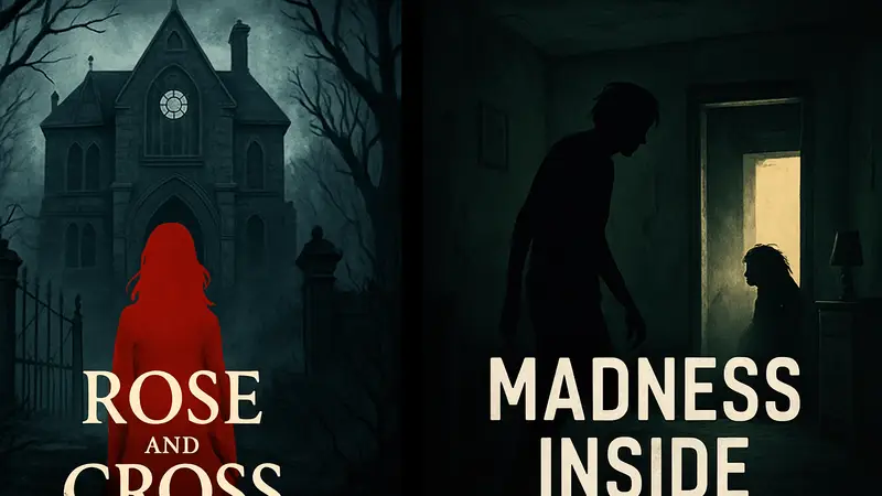 Изображение двух обложек хоррор-игр Rose and Cross и Madness Inside с элементами ужаса и мрачных пейзажей