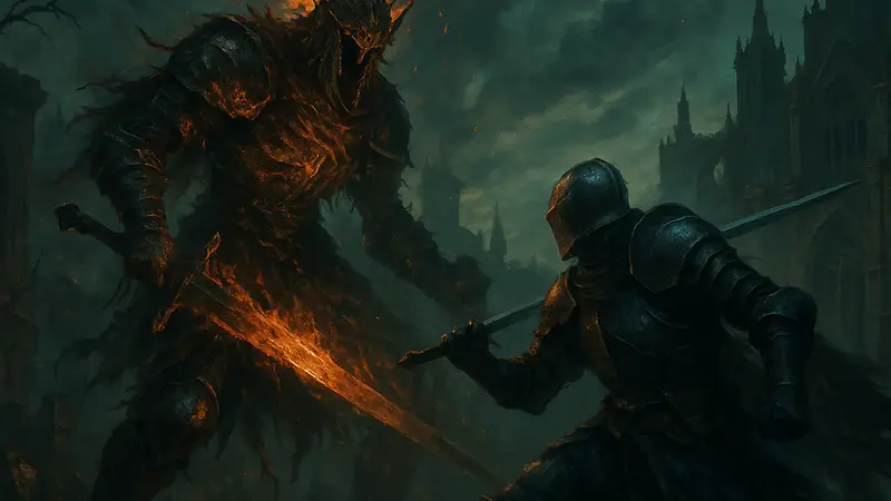 Изображение из Dark Souls или Elden Ring, демонстрирующее характерную для Soulslike мрачную атмосферу и сложный бой.