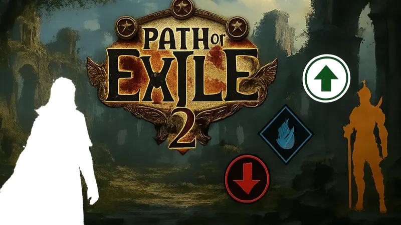 Логотип Path of Exile 2 с текстом "Patch 0.5.2" и иконками баффов/нерфов механик.