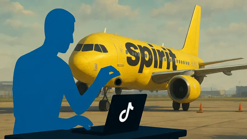 Тиктокер, собирающий средства на выкуп Spirit Airlines через TikTok, на фоне самолета.
