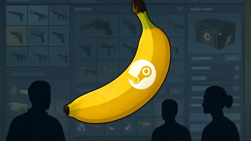 Банан, стилизованный под внутриигровой предмет Steam, на фоне интерфейса игры.