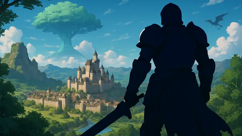 Постер аниме The Exiled Heavy Knight с главным героем и элементами фэнтези