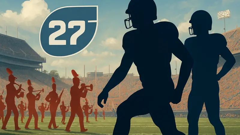 Обложка College Football 27 с игроками и стадионом на фоне маршевых оркестров.