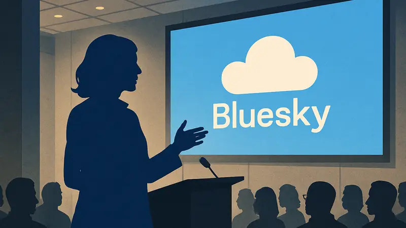 Джей Грейбер, бывший CEO Bluesky, выступает на мероприятии, обсуждая будущее соцсети.