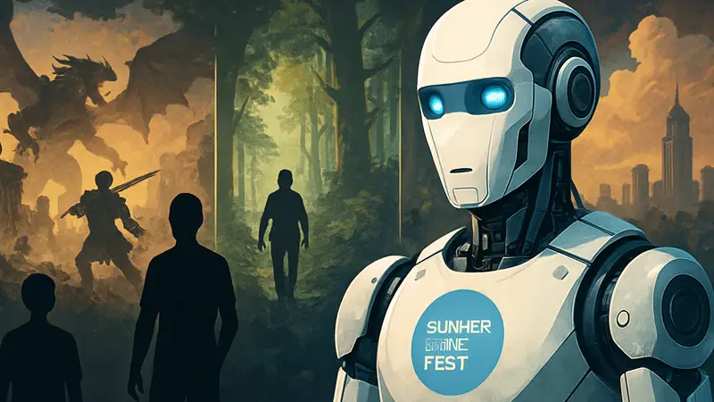 Графическое изображение робота или ИИ элемента с логотипом Summer Game Fest на фоне игровых сцен.