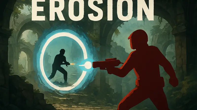 Обложка игры Erosion, демонстрирующая уникальную механику путешествий во времени и roguelike шутер