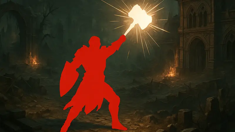 Игровой скриншот Паладина из Diablo 4, использующего умение "Молот правосудия" для SEO.