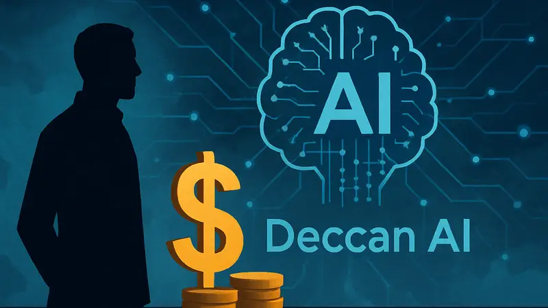 Инвестиции в Deccan AI. Логотип Deccan AI на фоне абстрактной графики искусственного интеллекта.