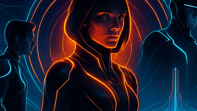 Постер фильма Tron: Ares с неоновыми линиями и главными героями, символизирующий возрождение кино на стриминге.