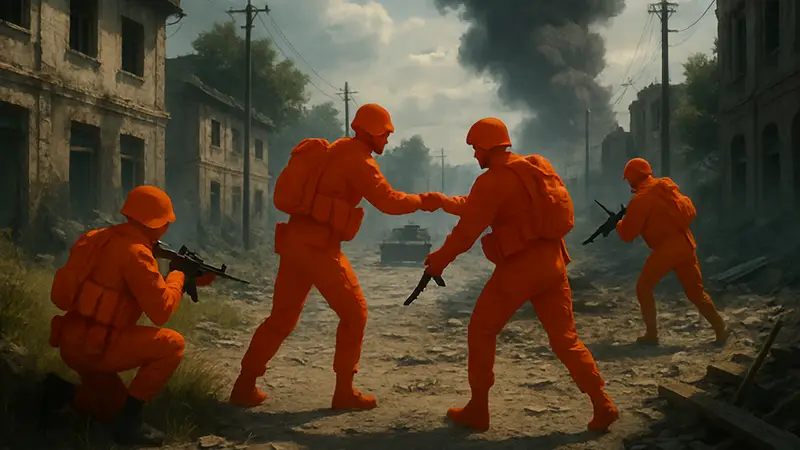 Скриншот из тактического шутера Bellum, демонстрирующий реалистичную боевую обстановку и командное взаимодействие.