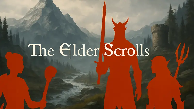 Логотип The Elder Scrolls на фоне Скайрима и персонажи Baldur's Gate 3, символизирующие сравнение двух игр.