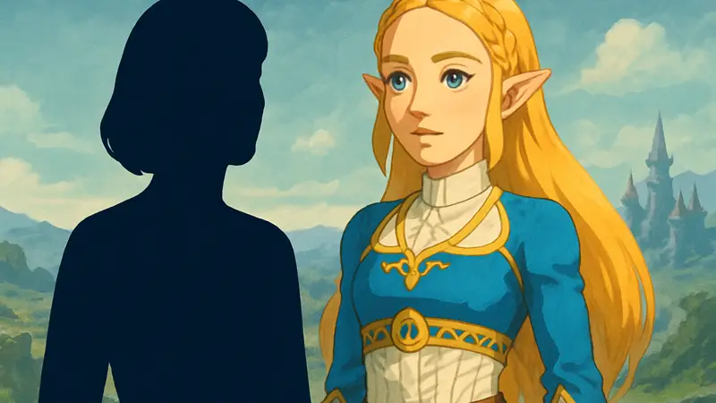 Патриция Саммерсетт на фоне изображения принцессы Зельды из The Legend of Zelda.