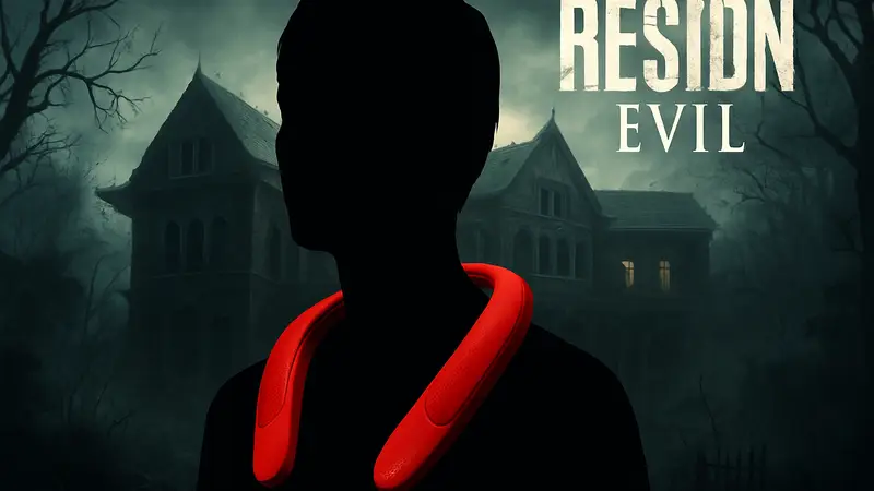 Шейный динамик Panasonic, разработанный для игры Resident Evil Requiem, на фоне логотипа игры.