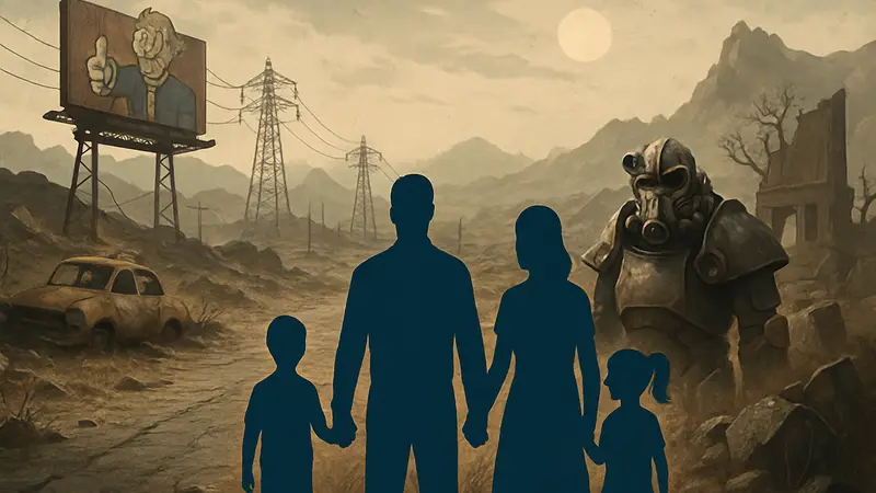 Семья, родители и дети, выживающие в постапокалиптическом мире Fallout, на фоне Пустоши.