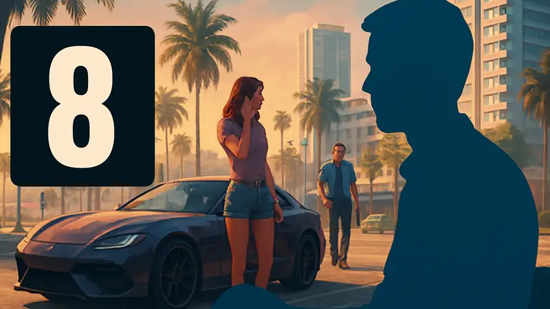 Логотип PEGI рядом с изображением из Grand Theft Auto 6, символизирующие возрастные ограничения в играх.