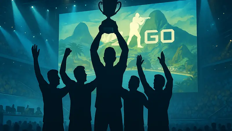 Команда Team Spirit на сцене киберспортивного турнира в Рио после победы над RED Canids.