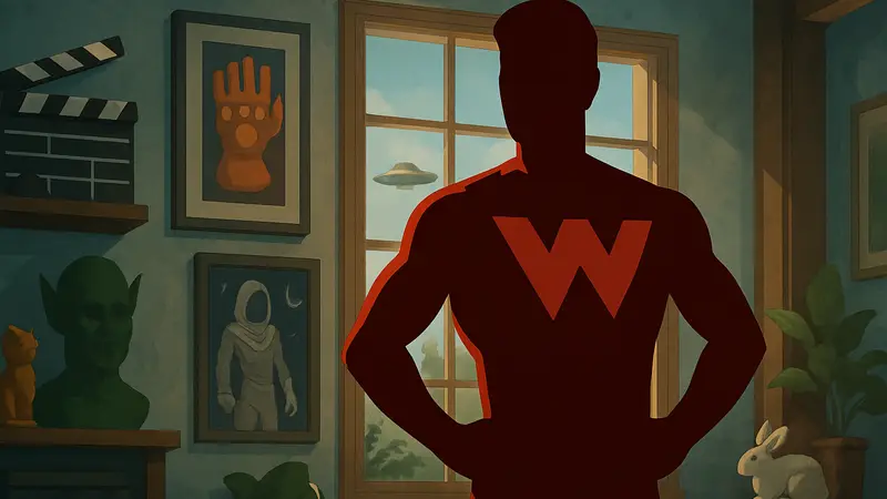 Изображение из сериала Wonder Man, демонстрирующее одного из персонажей MCU, окруженного текстовыми намёками на пасхалки.