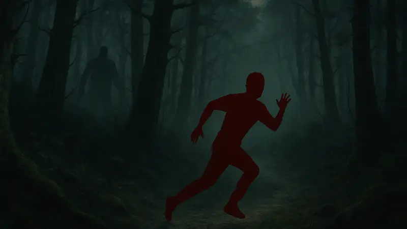 Изображение из FMV-хоррора Heart of the Forest, показывающее таинственный лес и человека в опасности.