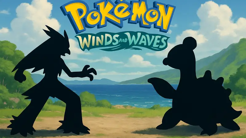 Два покемона сражаются в пошаговом бою, на фоне логотип Pokemon Winds and Waves