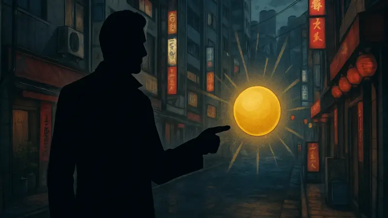Изображение золотого шара в игровом мире Yakuza Kiwami 3, указывающее на места его нахождения.