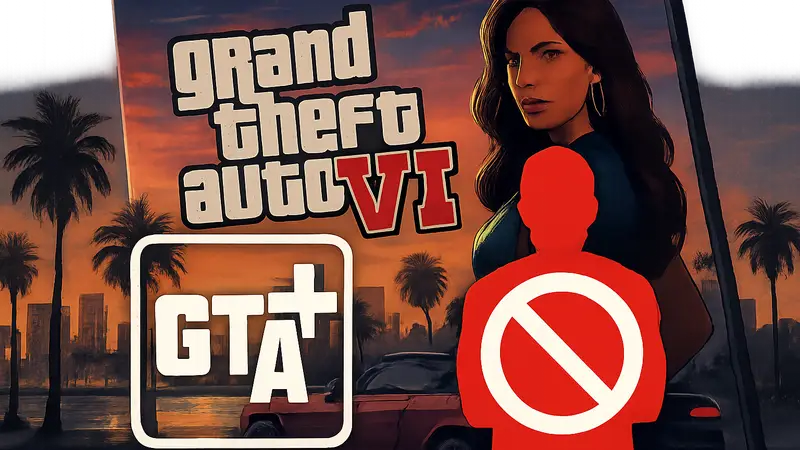 Изображение логотипа GTA+ на фоне обложки Grand Theft Auto 6, символы отмены подписки.