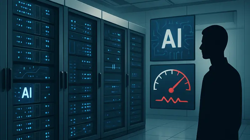 AI-серверы и индикаторы энергопотребления в современном дата-центре, символизирующие энергетические проблемы